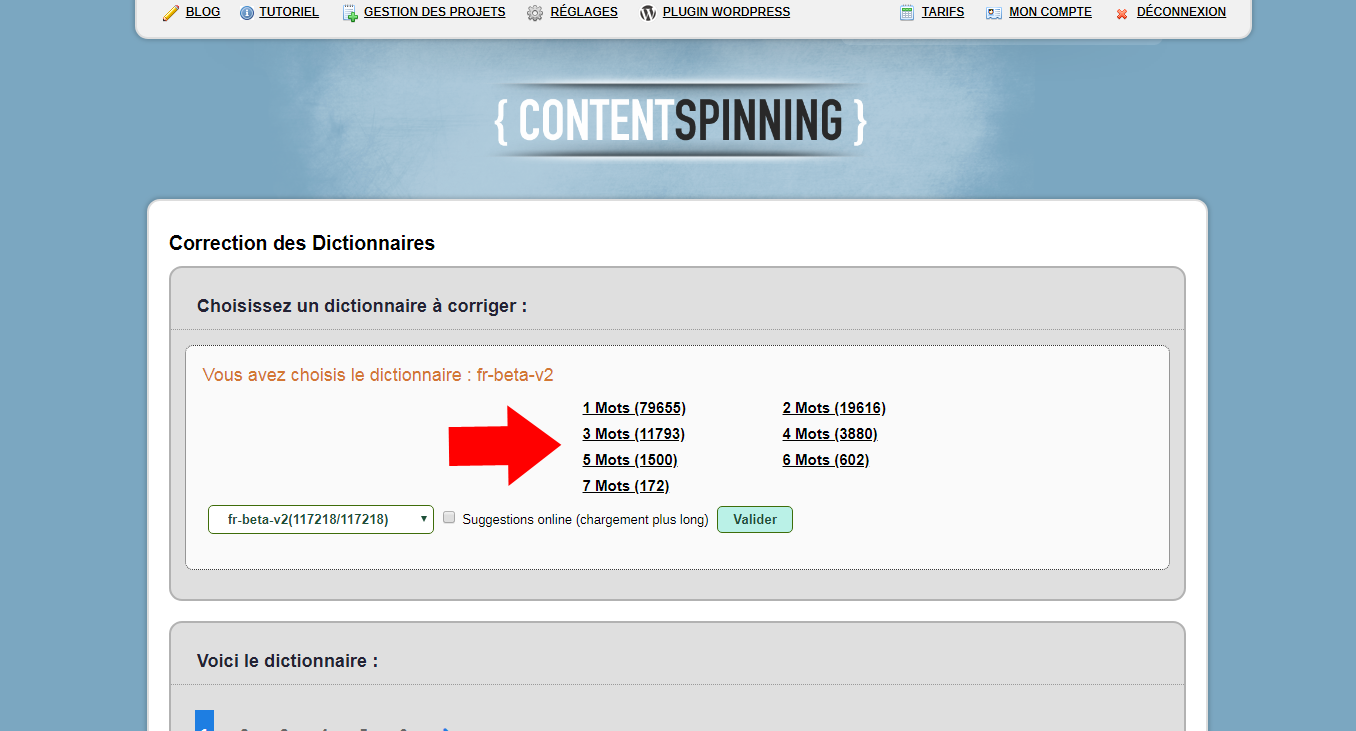 Choix Dictionnaire : Content Spinning