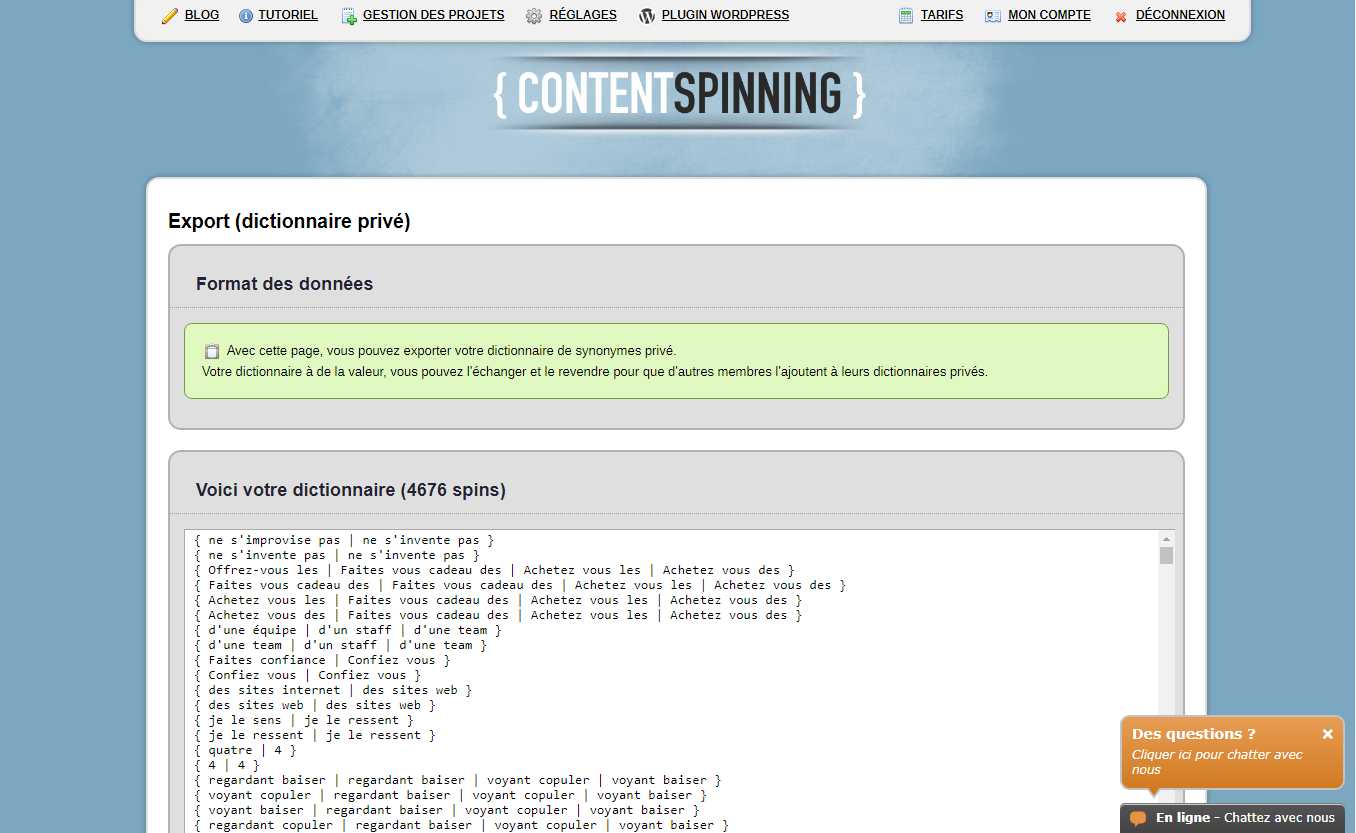 Exporter Dictionnaire : Content Spinning