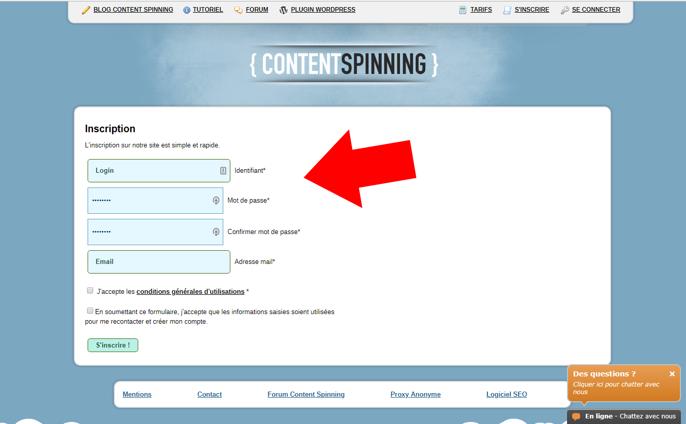 Renseigner des identifiants sur le logiciel de Content Spinning