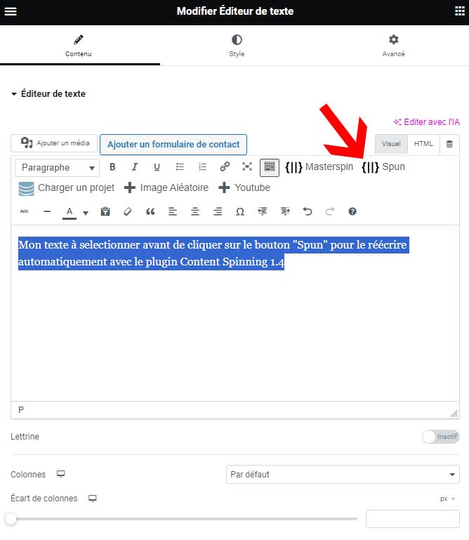 Plugin charger projet Content spinning